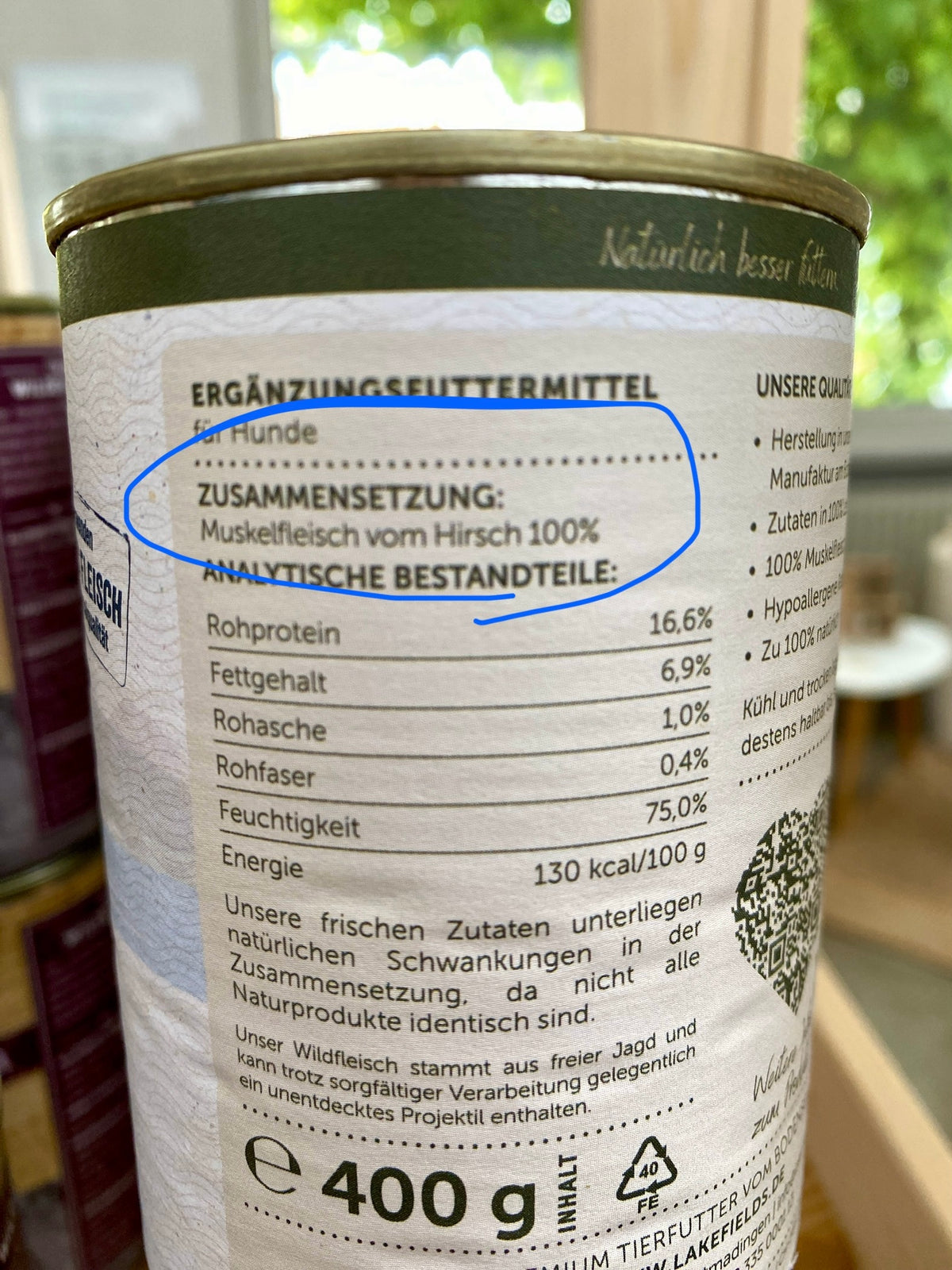 Supaw Food Nassfutter Lakefields WILD PUR 100 % Hirsch-Muskelfleisch 400 Gramm Dose